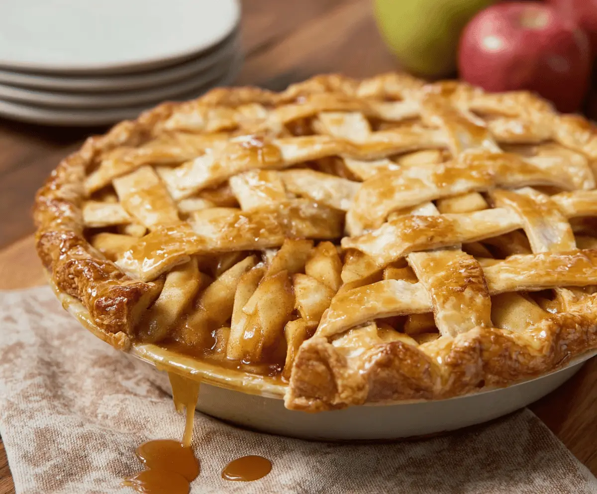 Delicious caramel apple pie with a golden crust and caramel drizzle on top, served on a rustic wooden table.