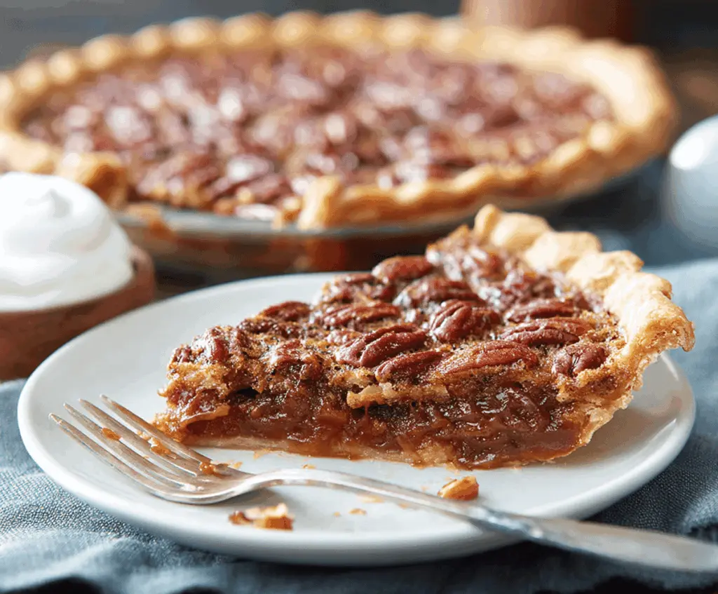 Delicious caramel pecan pie served on a plate with a slice cut out, showcasing its sweet, gooey filling and crunchy pecan topping.