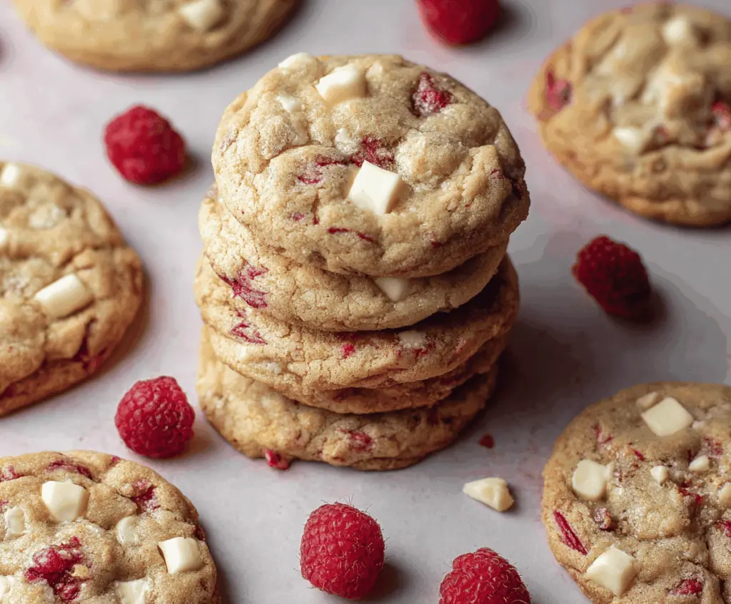 Delicious chewy raspberry white chocolate cookies on a baking tray.