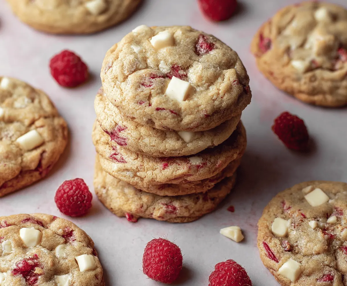 Delicious chewy raspberry white chocolate cookies on a baking tray.