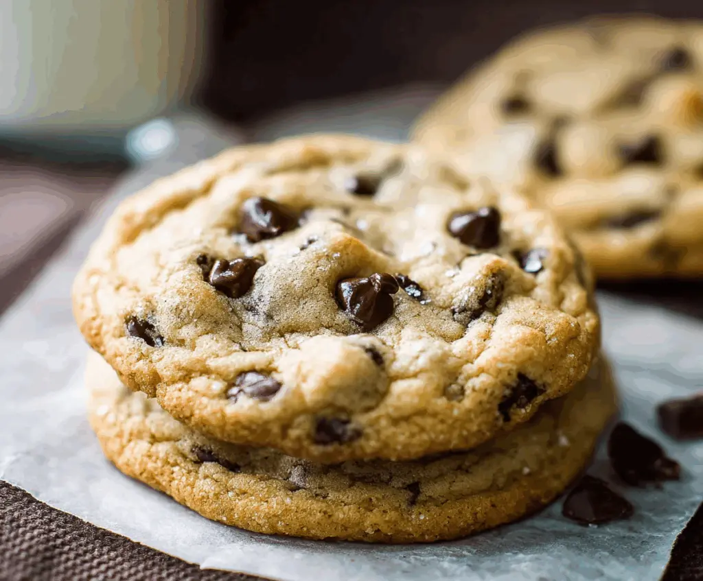 Freshly baked chocolate chip cookies on a baking tray with melted chocolate chunks.