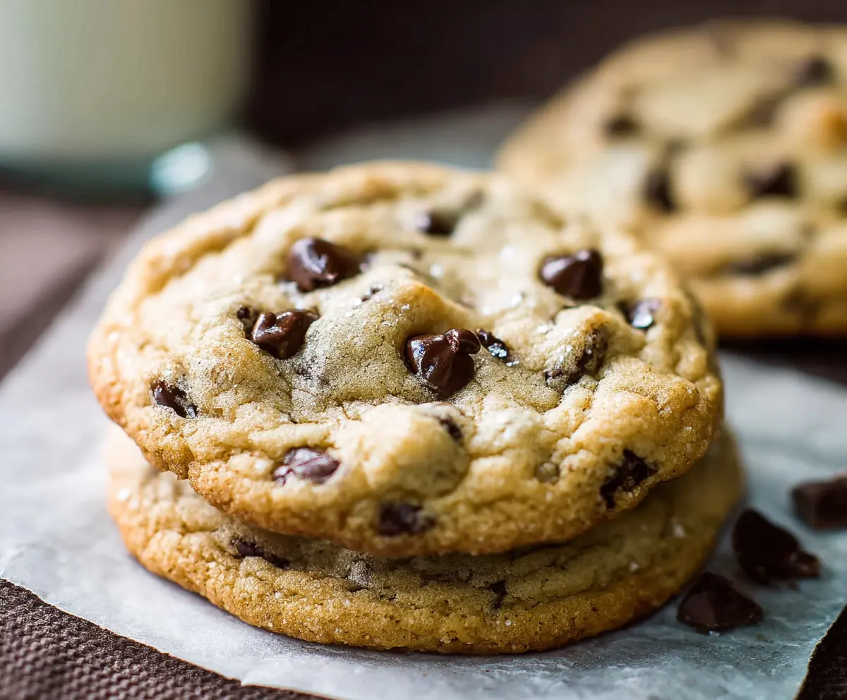 Freshly baked chocolate chip cookies on a baking tray with melted chocolate chunks.