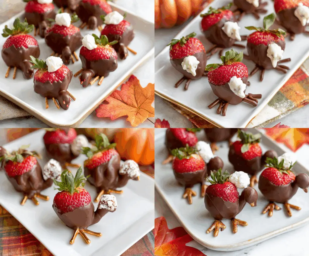 Decadent chocolate-covered strawberries shaped like turkeys for festive desserts.