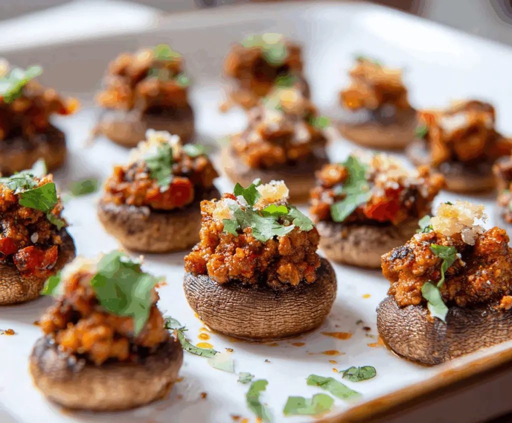 Delicious chorizo stuffed mushrooms baked to perfection, perfect appetizer for parties.