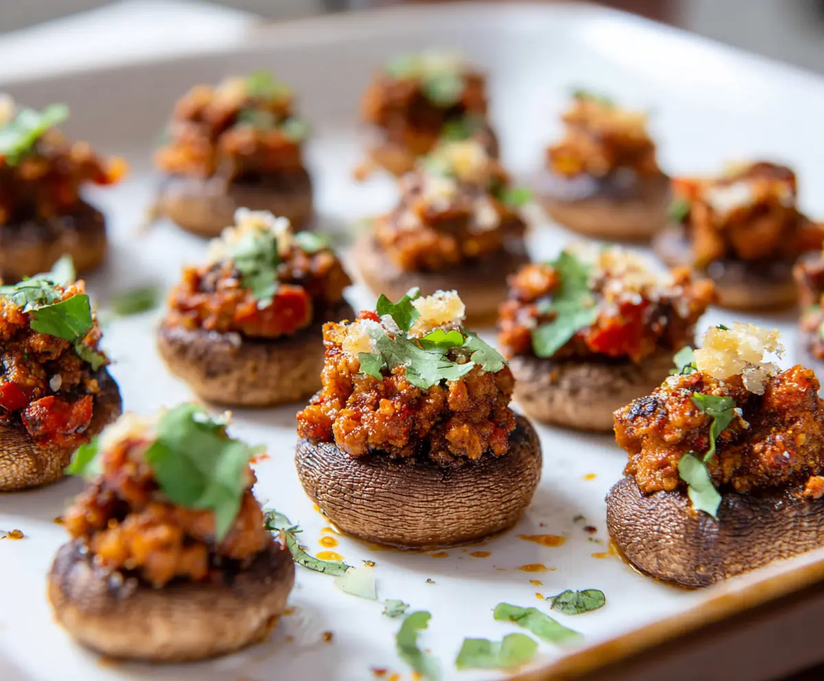 Delicious chorizo stuffed mushrooms baked to perfection, perfect appetizer for parties.