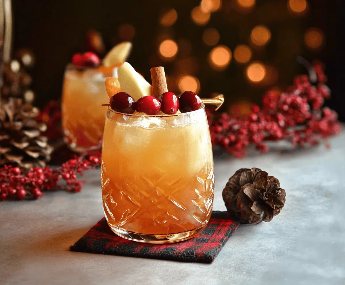 Festive Christmas Bourbon Cocktail garnished with cherries and mint in a glass on a holiday table.