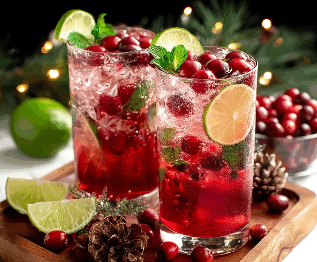 Festive Christmas Cranberry Mojito with fresh cranberries and mint leaves in a holiday-themed glass