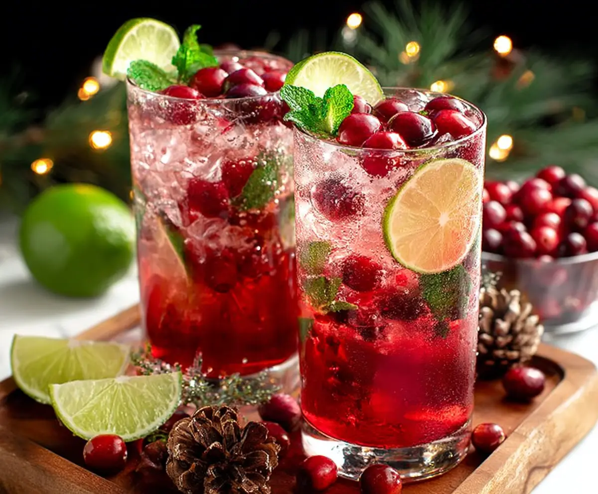 Festive Christmas Cranberry Mojito with fresh cranberries and mint leaves in a holiday-themed glass