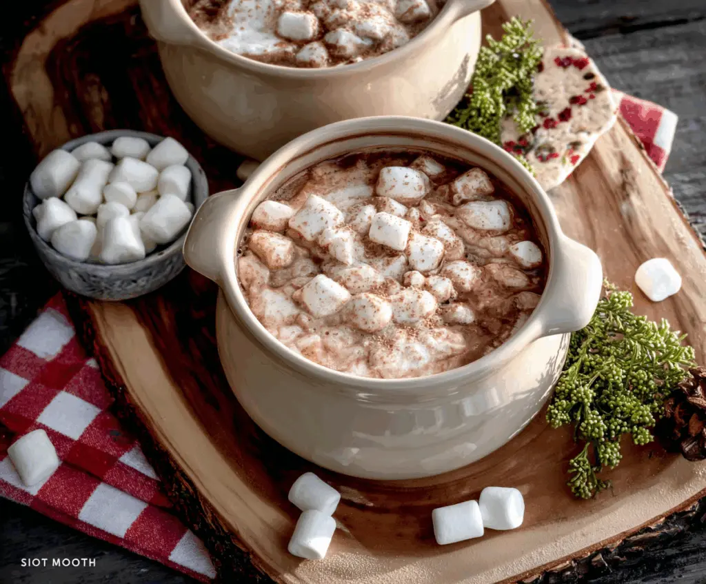 Delicious Christmas Eve Crockpot Hot Chocolate served in a festive mug with whipped cream and sprinkles.