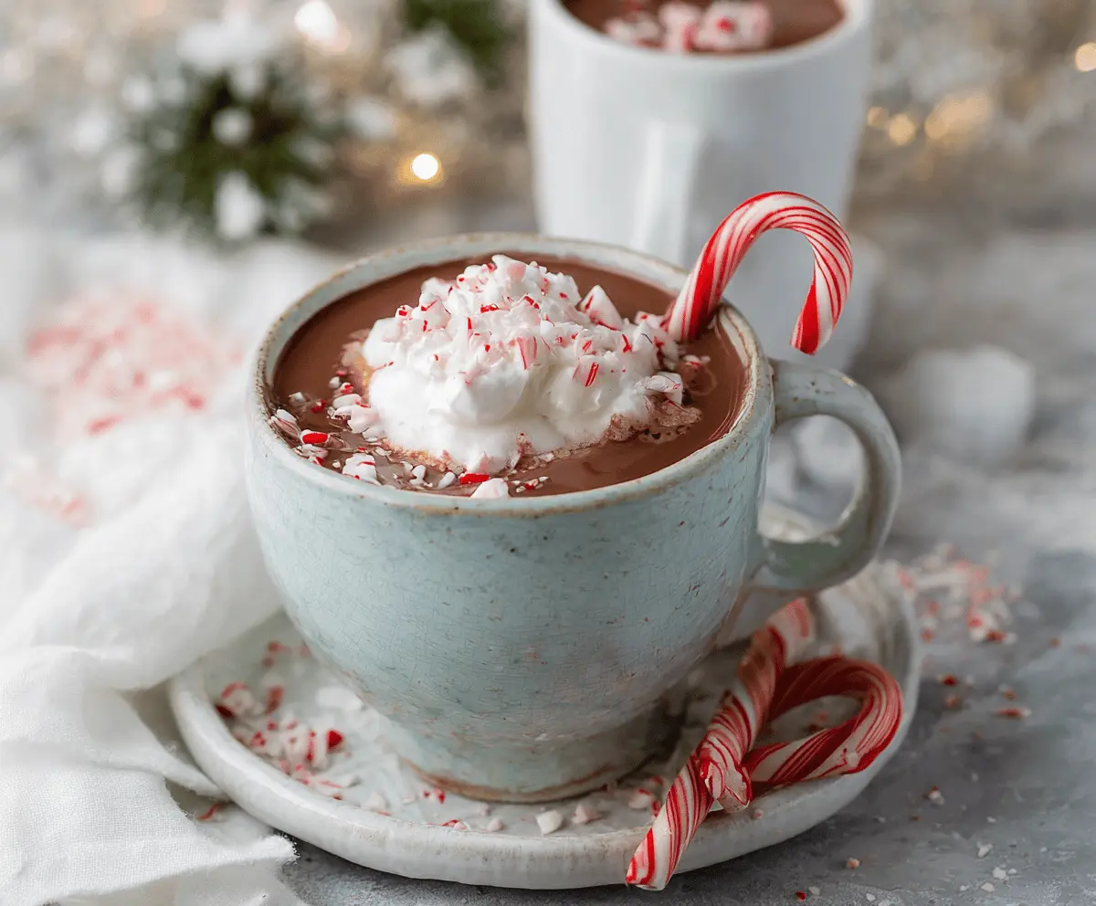 A cozy mug of Christmas Peppermint Hot Chocolate topped with whipped cream and crushed peppermint candies.