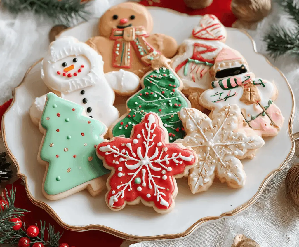 Decorative Christmas sugar cookies with colorful icing and sprinkles on a festive plate.