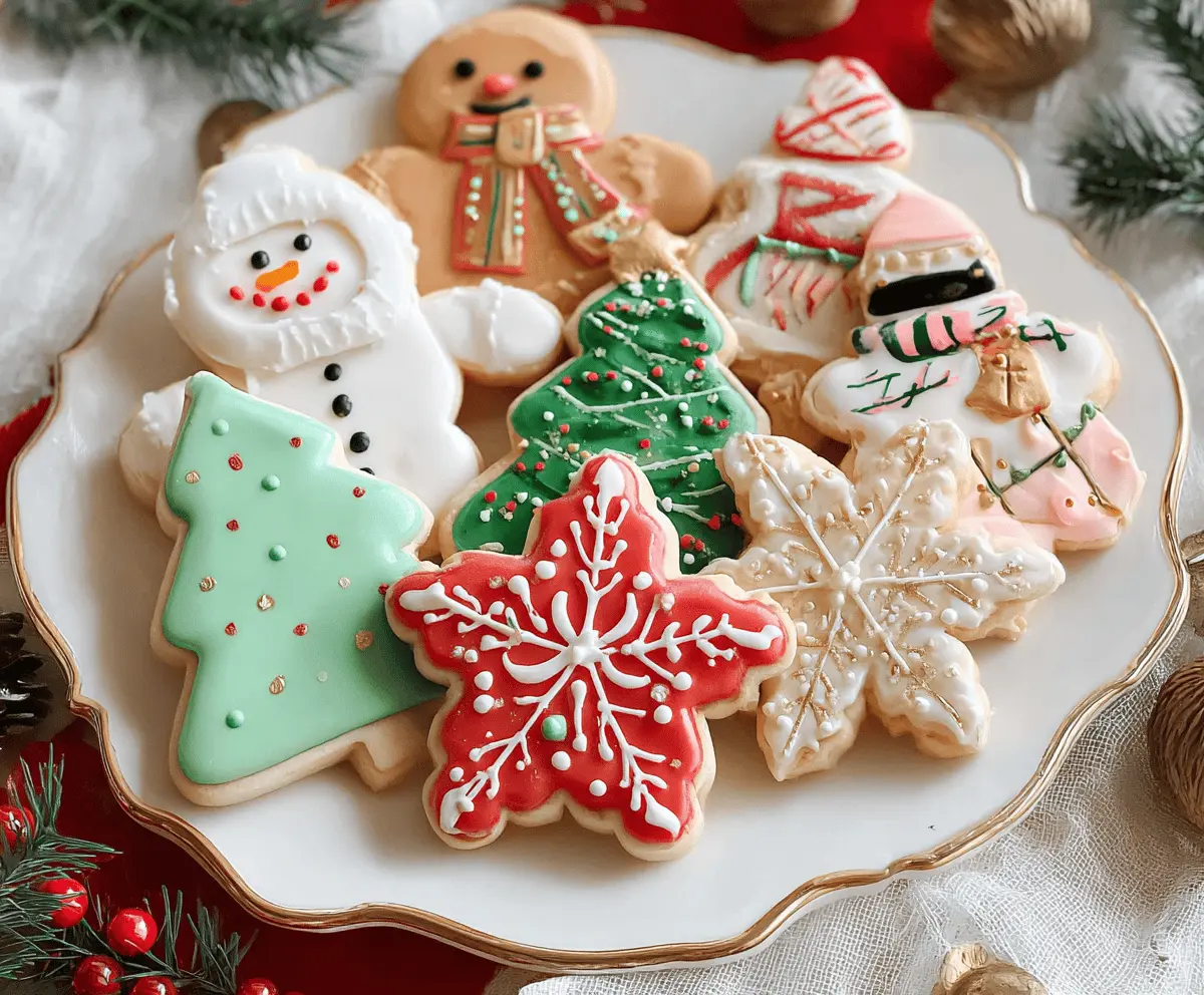 Decorative Christmas sugar cookies with colorful icing and sprinkles on a festive plate.