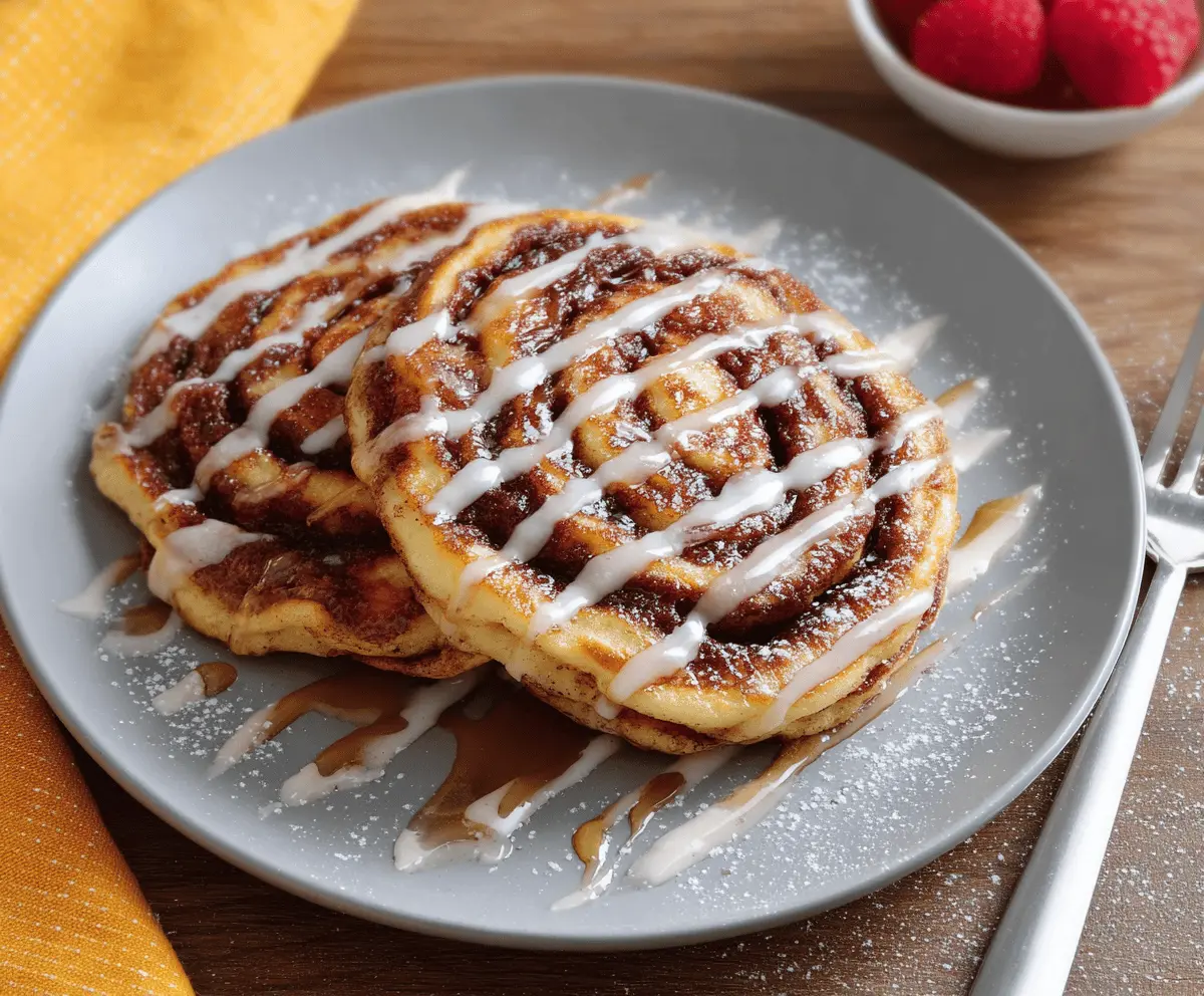 Delicious cinnamon swirl pancakes topped with syrup on a white plate.