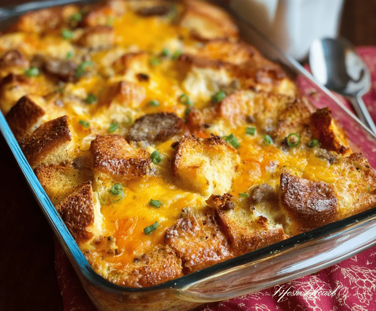 Hearty country breakfast casserole with eggs, sausage, and cheese in a baking dish.