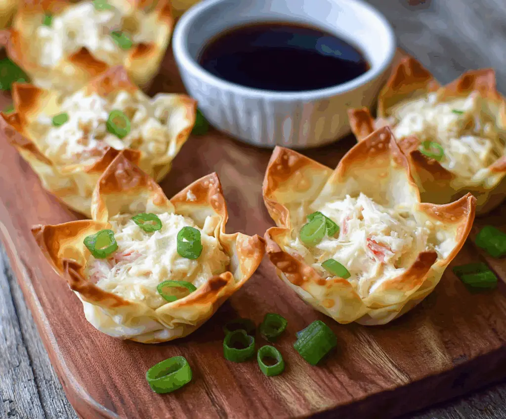 Delicious Crab Rangoon Wonton Cups filled with creamy crab and cheese mixture, served as a savory appetizer.
