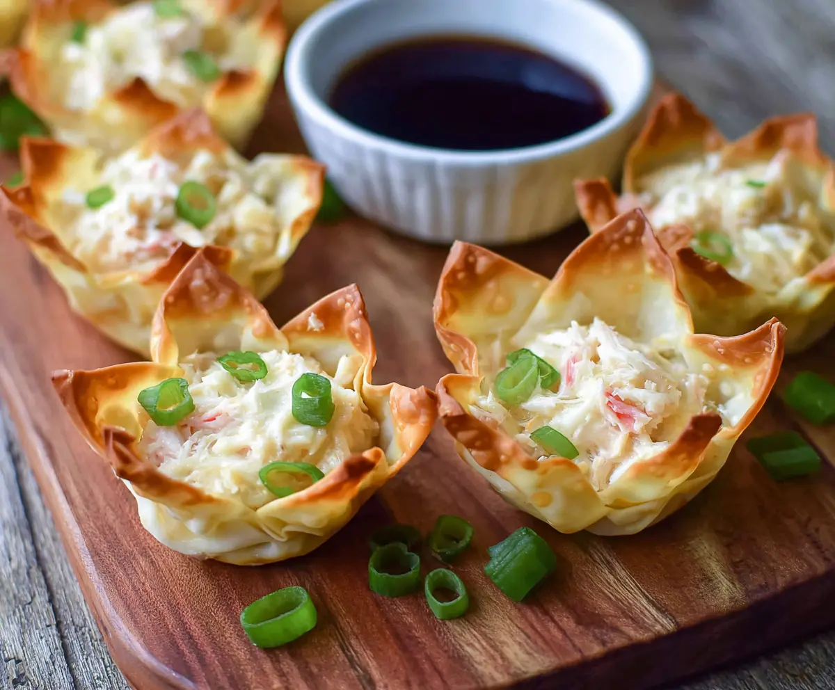 Delicious Crab Rangoon Wonton Cups filled with creamy crab and cheese mixture, served as a savory appetizer.