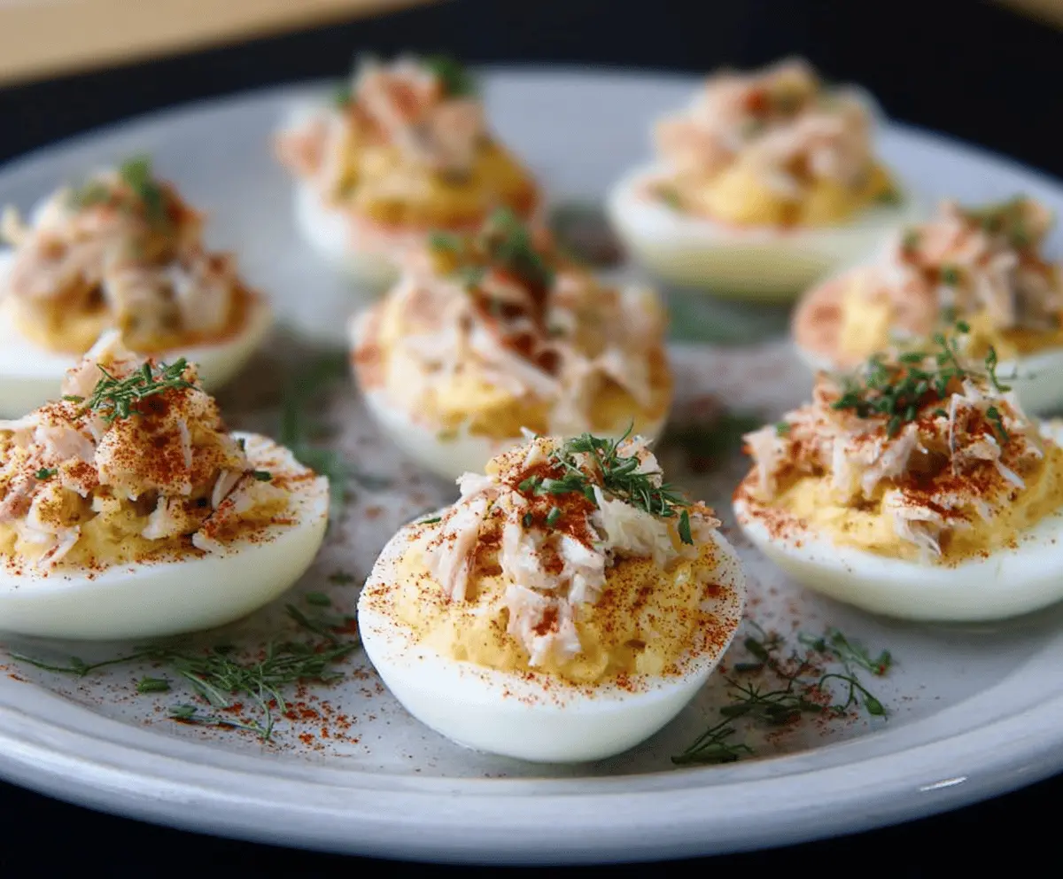 Delicious crab-stuffed deviled eggs garnished with fresh herbs on a white plate.