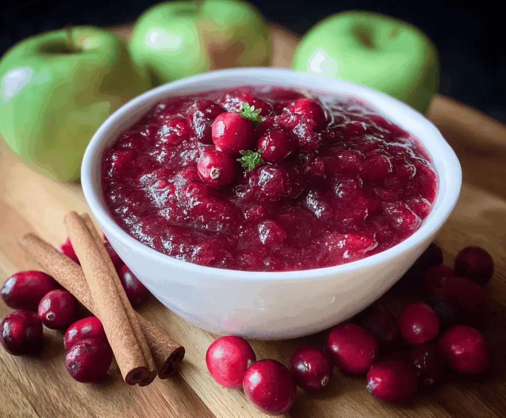 Homemade cranberry apple sauce in a glass bowl with fresh cranberries and sliced apples.