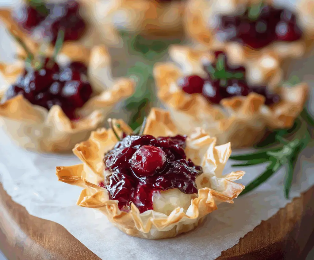 Cranberry Brie Phyllo Cups with fresh cranberries and melted Brie cheese, perfect for holiday appetizers.
