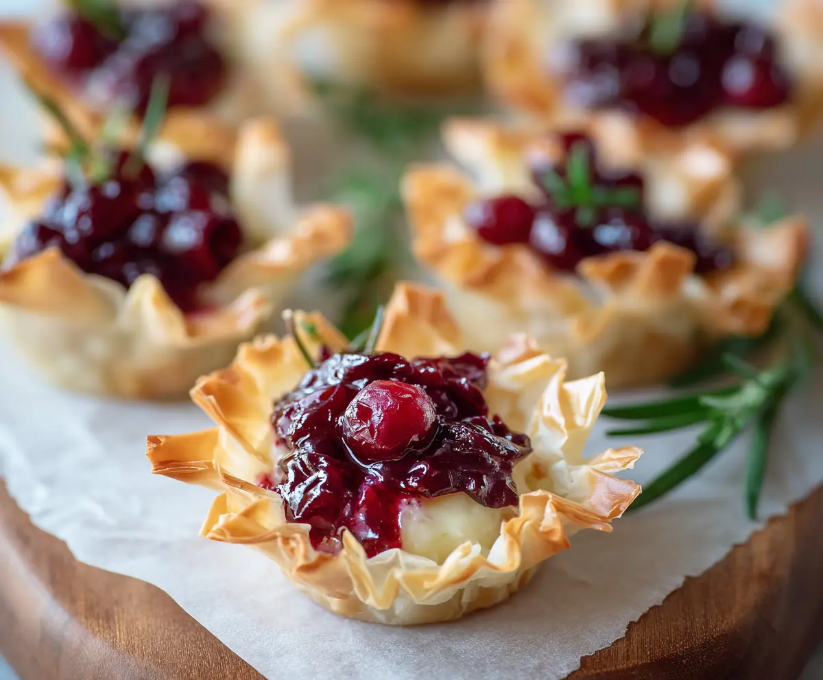 Cranberry Brie Phyllo Cups with fresh cranberries and melted Brie cheese, perfect for holiday appetizers.