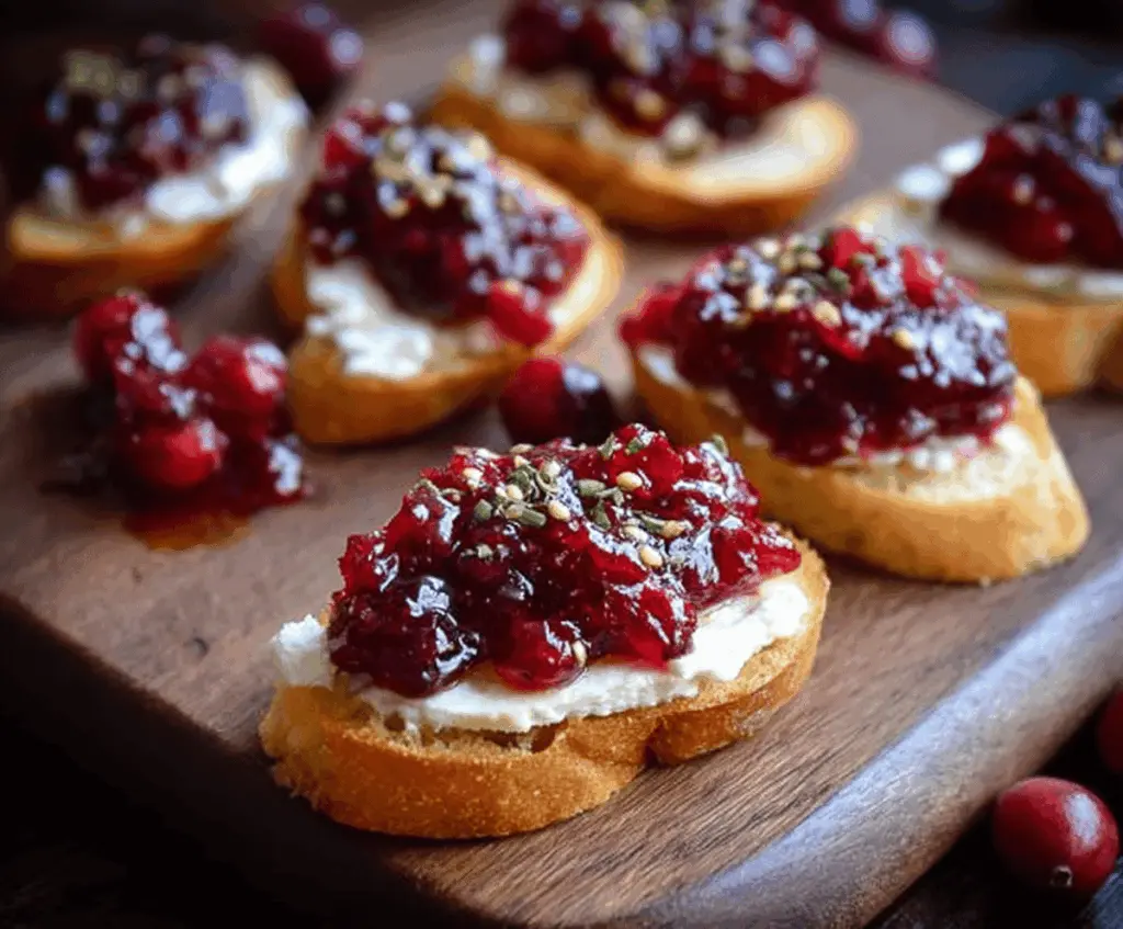 Cranberry chutney spread on crispy crostini garnished with fresh herbs.