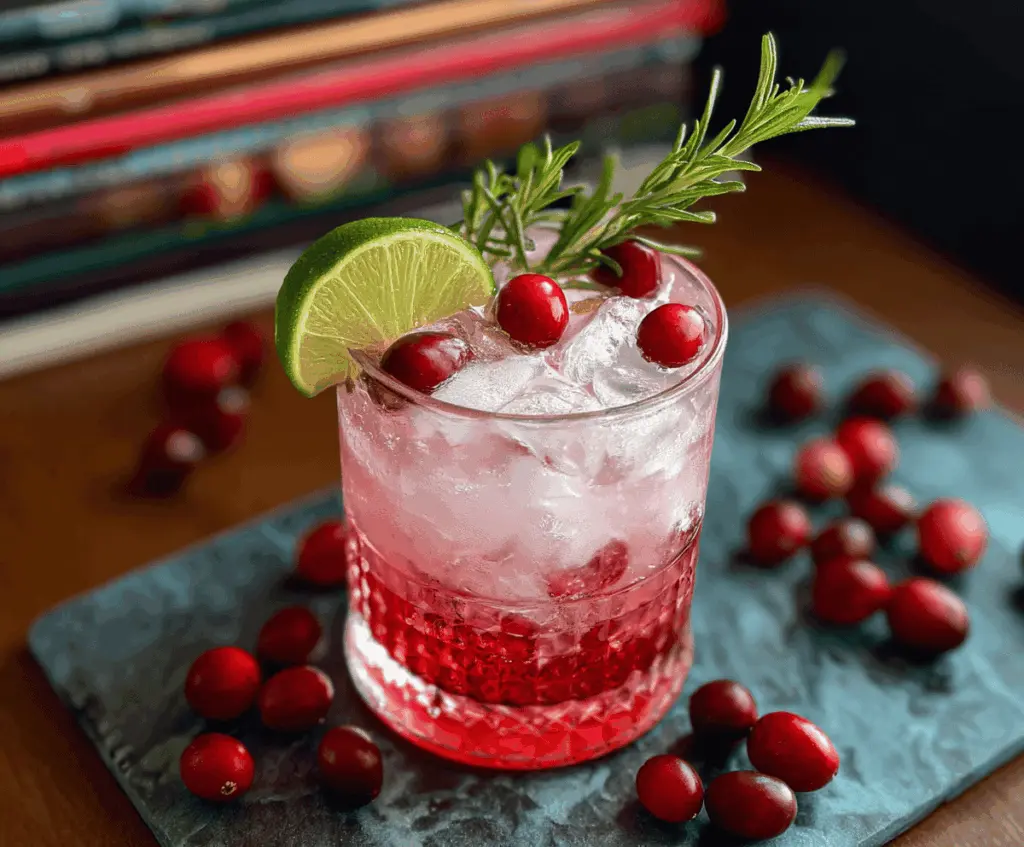 Refreshing Cranberry Gin and Tonic cocktail garnished with fresh cranberries and lime slice.