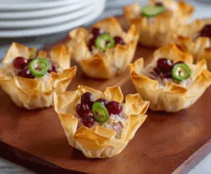 Cranberry Jalapeno Phyllo Cups arranged on a platter, showcasing a festive appetizer with vibrant red berries and green jalapenos.