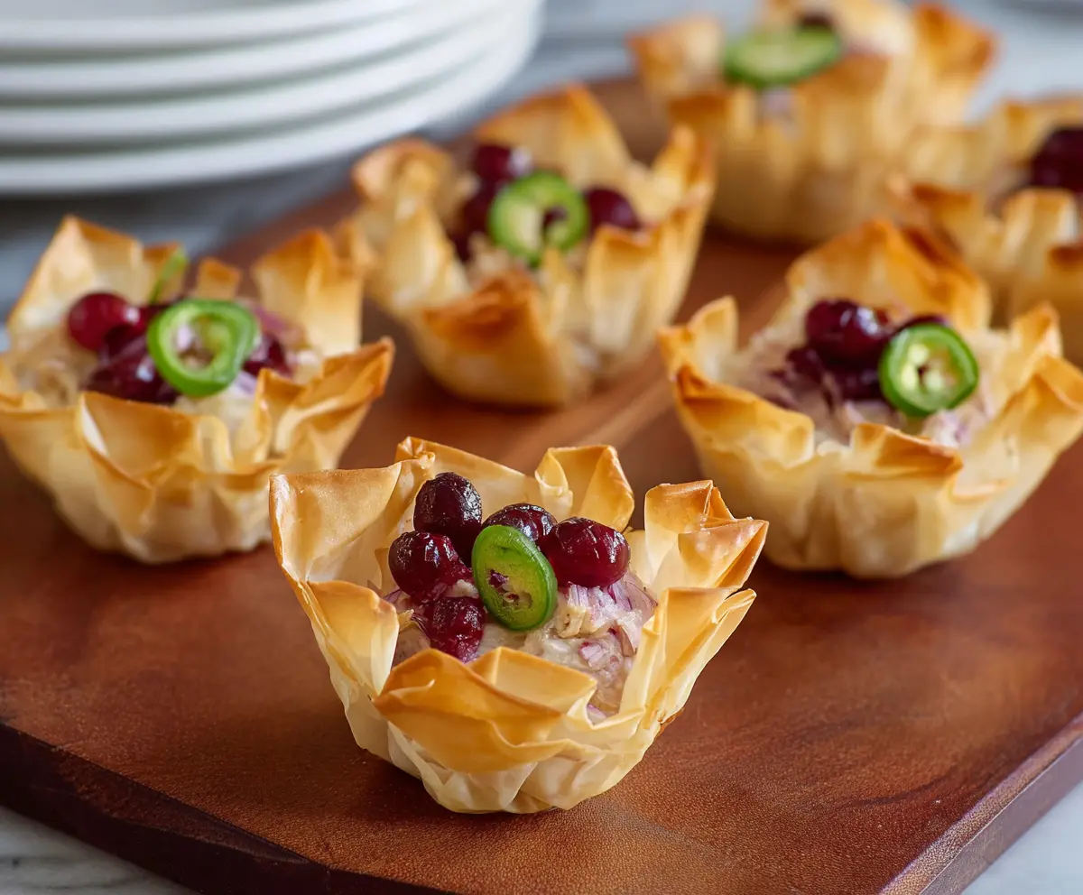 Cranberry Jalapeno Phyllo Cups arranged on a platter, showcasing a festive appetizer with vibrant red berries and green jalapenos.