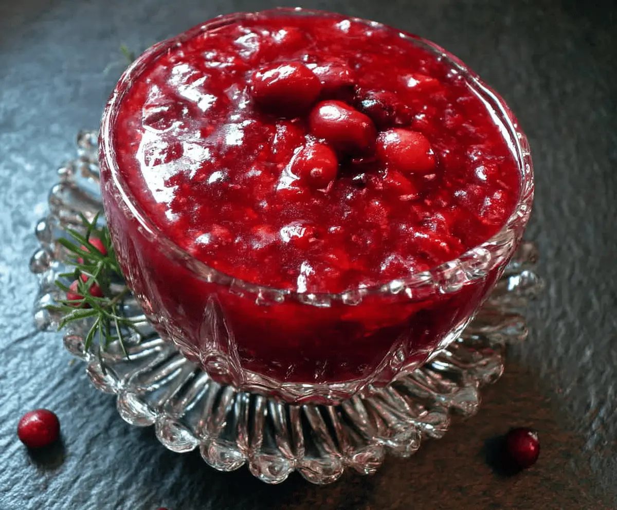 Delicious homemade Cranberry Jezebel Sauce in a glass bowl ready for holiday dinner.