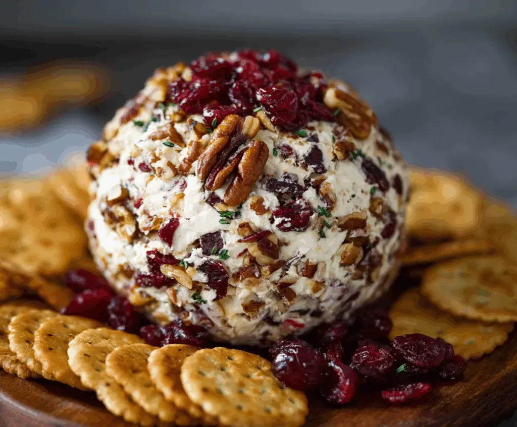 Delicious cranberry nut cream cheese ball garnished with fresh herbs for a festive appetizer.