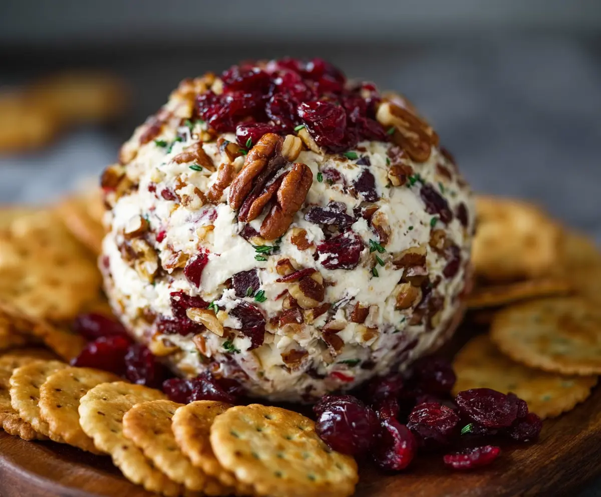 Delicious cranberry nut cream cheese ball garnished with fresh herbs for a festive appetizer.