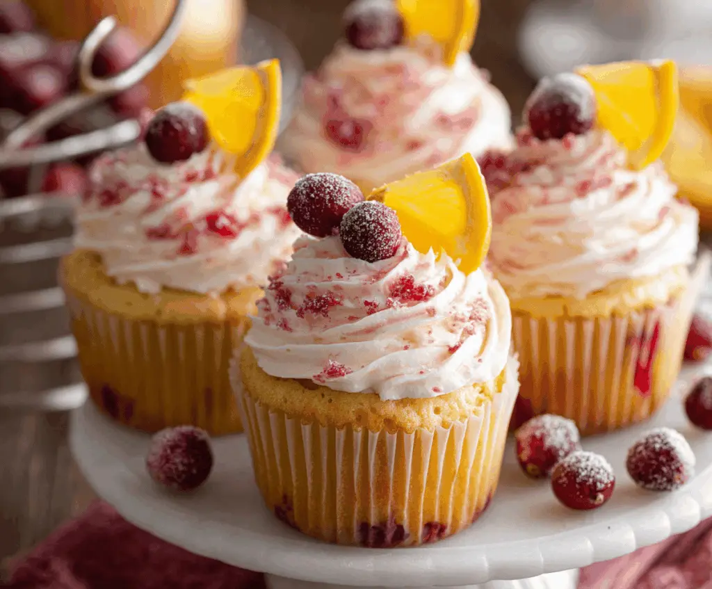 Delicious cranberry orange cupcakes topped with orange slices and fresh cranberries, perfect for holiday desserts.