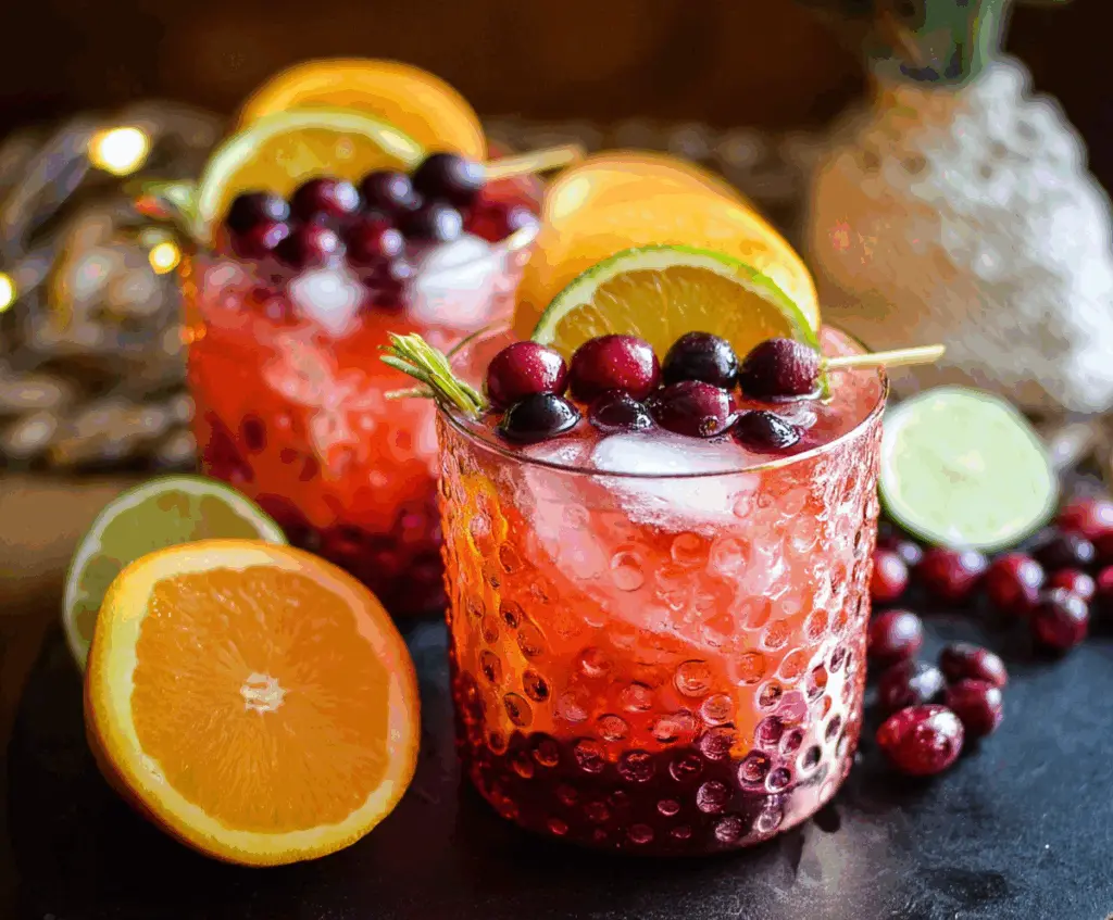 Refreshing Cranberry Orange Moscow Mule cocktail in a copper mug garnished with fresh cranberries and orange slices.