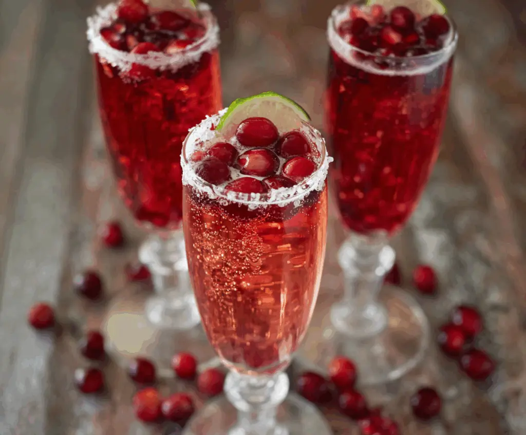 Refreshing Cranberry Prosecco Pomegranate Cocktail served in a elegant glass garnished with fresh pomegranate seeds.