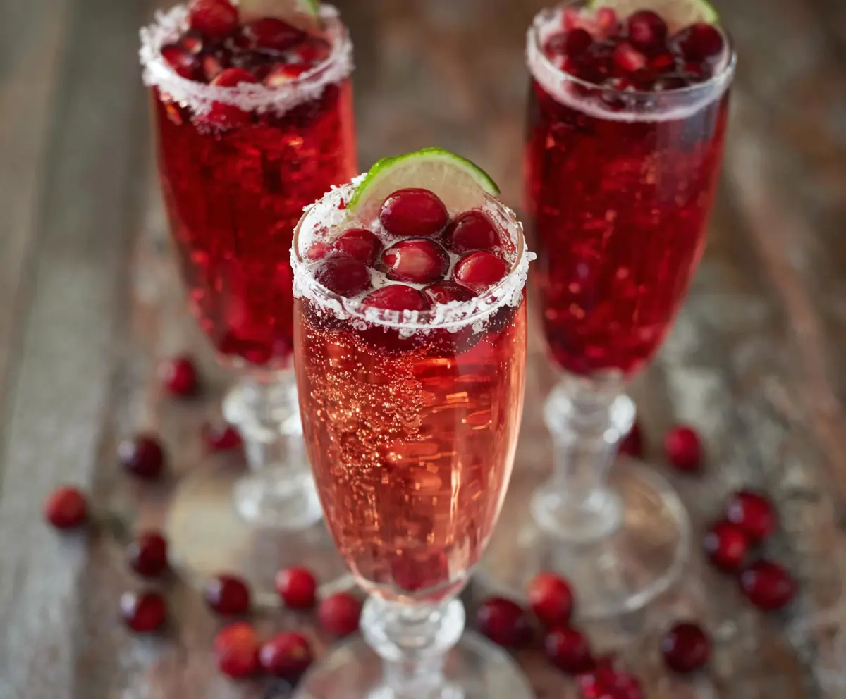 Refreshing Cranberry Prosecco Pomegranate Cocktail served in a elegant glass garnished with fresh pomegranate seeds.