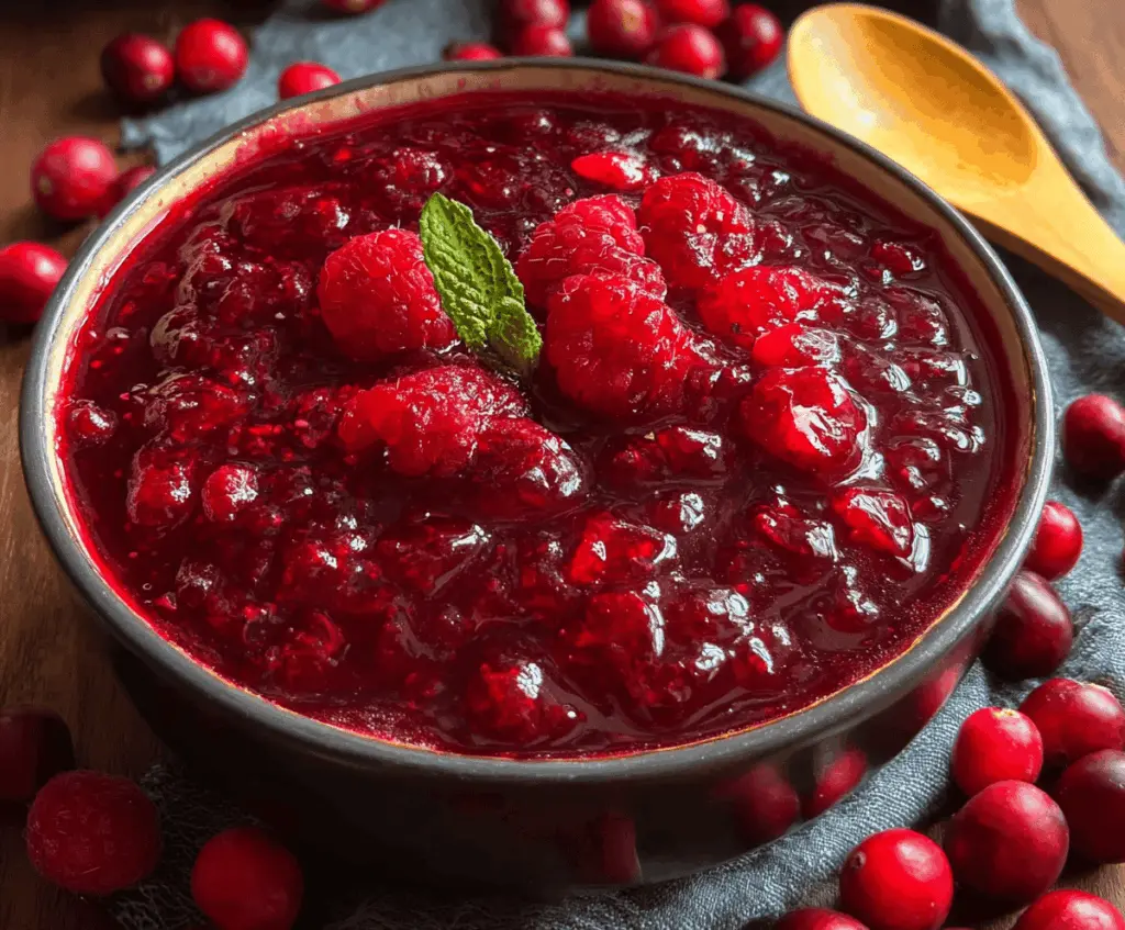 Delicious cranberry raspberry sauce in a glass bowl, perfect for holiday desserts and meals.