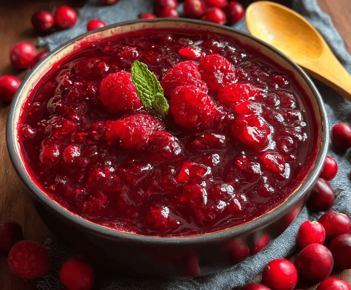 Delicious cranberry raspberry sauce in a glass bowl, perfect for holiday desserts and meals.