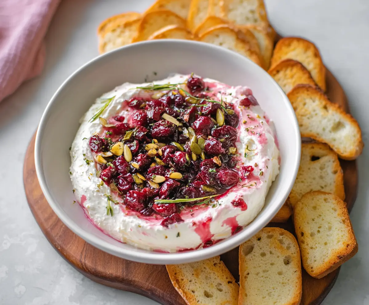 Creamy cranberry whipped feta dip served in a bowl, perfect for sharing at parties.