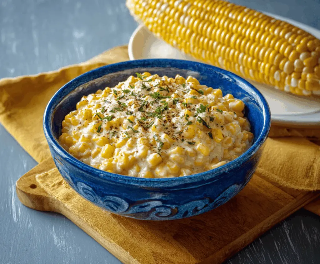 Delicious creamy creamed corn served in a rustic bowl, perfect as a side dish.
