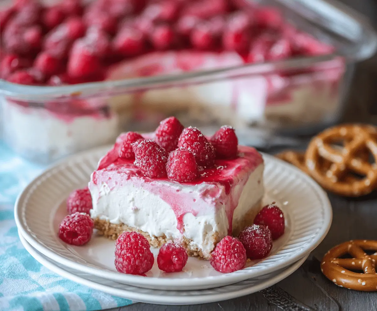 Delicious creamy raspberry pretzel dessert topped with fresh raspberries and whipped cream