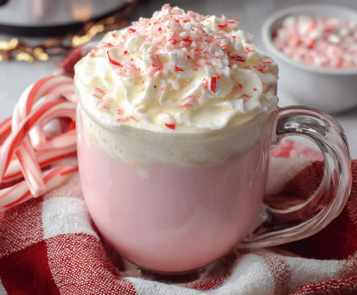 Creamy Crockpot Candy Cane White Hot Chocolate topped with whipped cream and crushed peppermint for a festive treat.