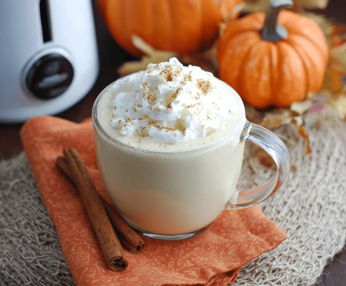 Creamy Crockpot Pumpkin Pie White Hot Chocolate in a mug, topped with whipped cream and cinnamon.