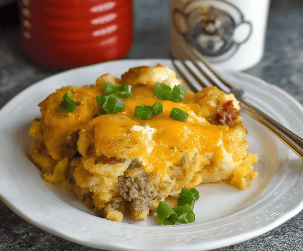Delicious Crockpot Tater Tot Breakfast Casserole with eggs, cheese, and crispy tater tots ready to serve.