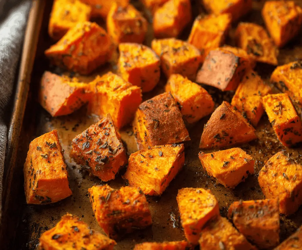 Golden-brown crunchy roasted sweet potatoes on a baking sheet, garnished with herbs.