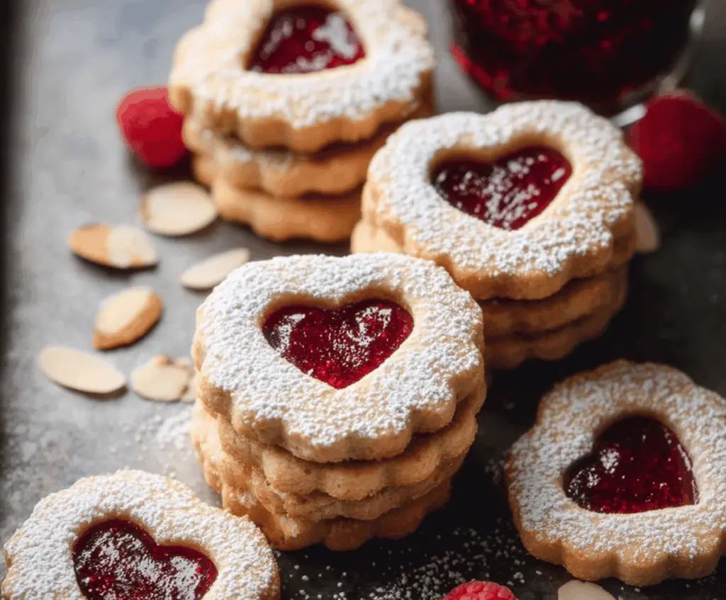 Delicious Raspberry Almond Linzer Cookies with powdered sugar and berry jam filling.
