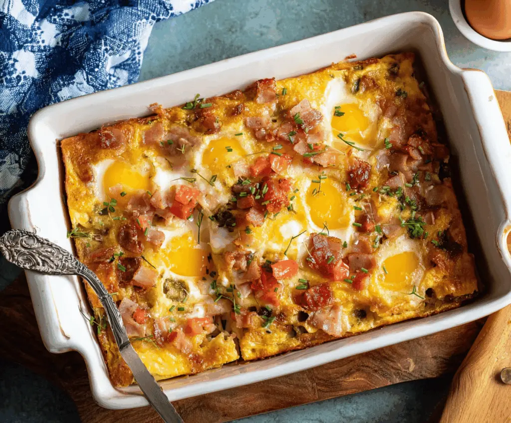 Delicious Farmer's Breakfast Casserole with eggs, cheese, and vegetables in a baking dish