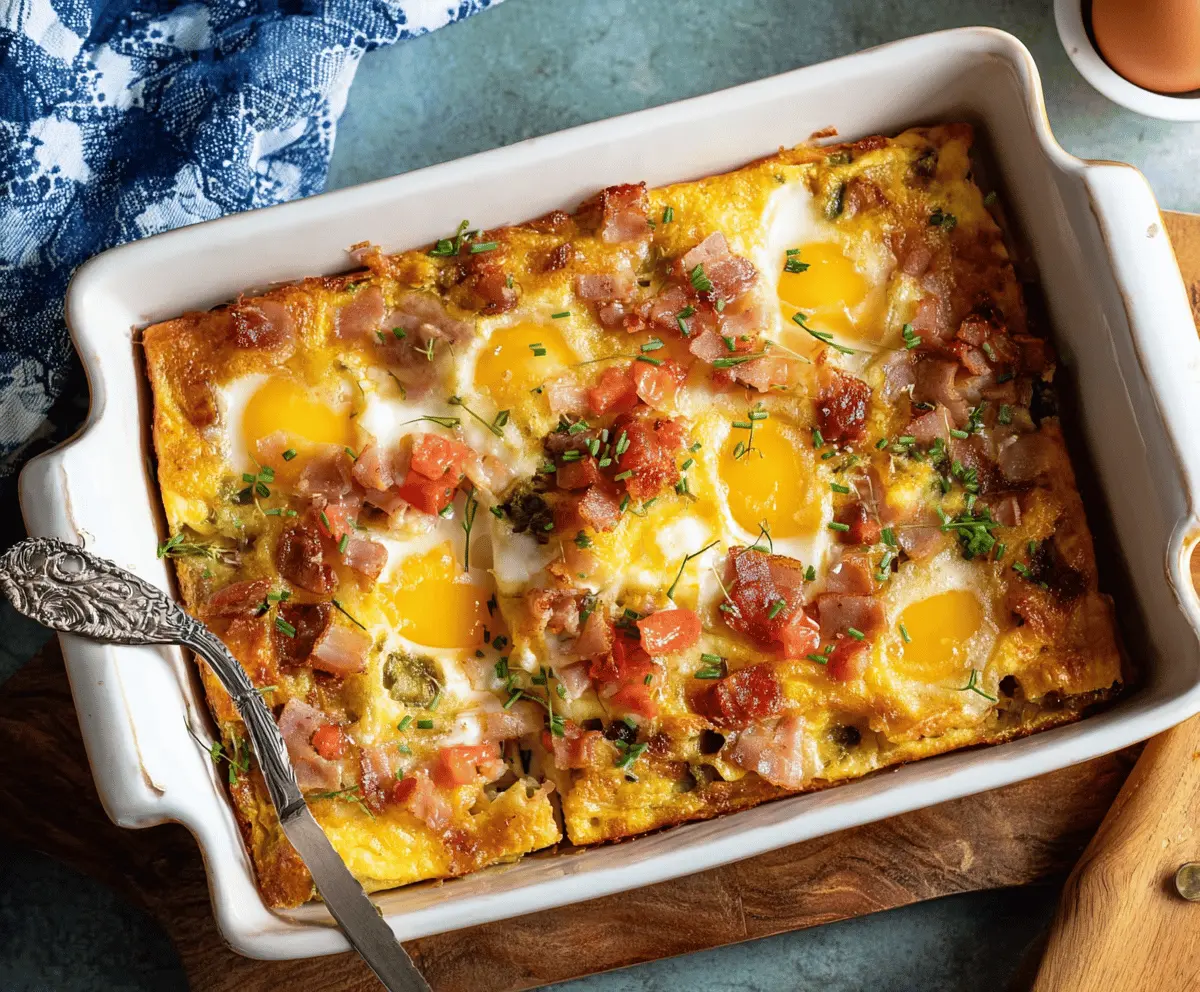 Delicious Farmer's Breakfast Casserole with eggs, cheese, and vegetables in a baking dish