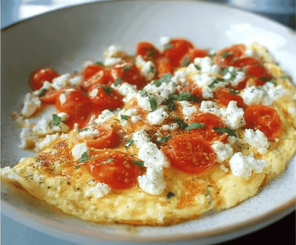 Delicious feta and tomato omelet garnished with herbs on a plate for breakfast.