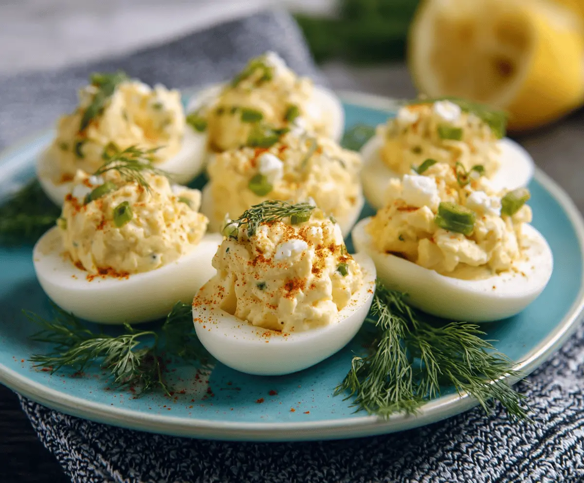 Delicious feta cheese stuffed deviled eggs garnished with herbs on a white plate.