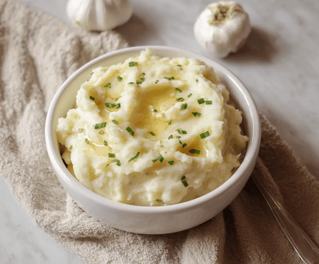 Creamy garlic mashed potatoes garnished with fresh herbs, perfect as a comforting side dish.